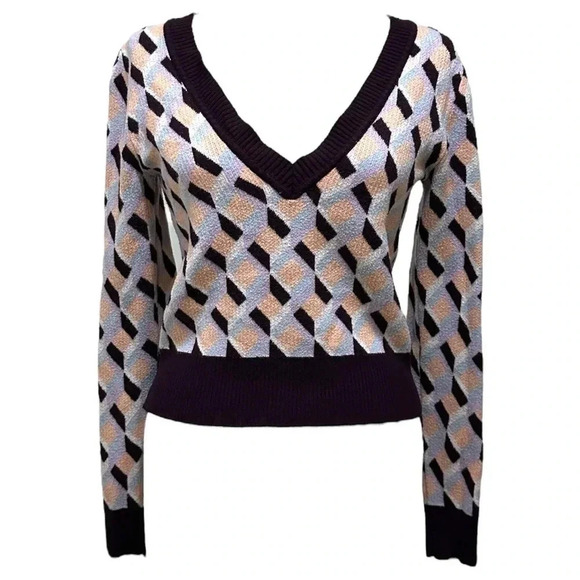 082 Forever 21 | EUC Geometric Purple V-Neck Cropped Sweater (Size S) - Picture 2 of 8
